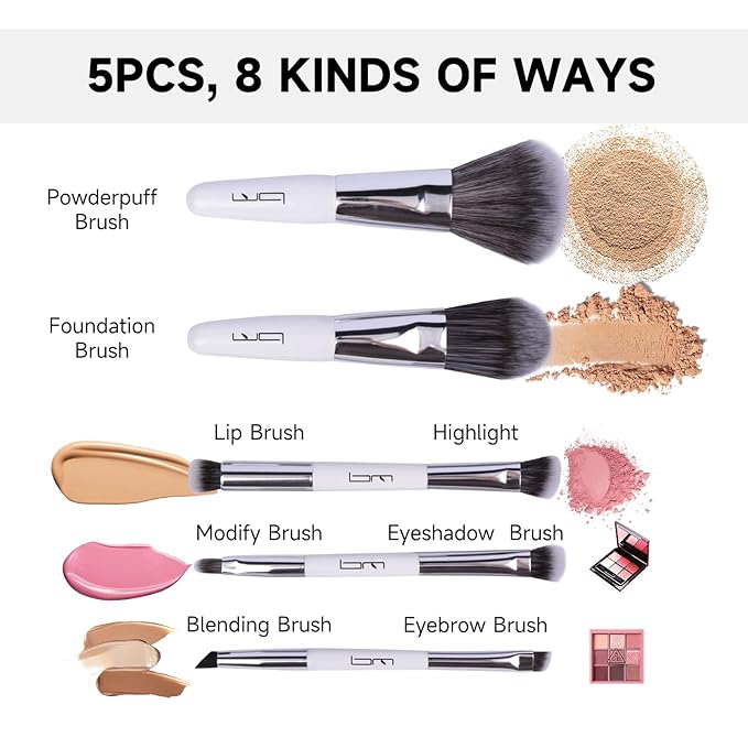Travel Makeup Brushes Set w/Pouch, 5PCS Double Ended Portable Mini Cosmetic Brushes Kit for Foundation, Eyeshadow, Lip, Blush Make Up Brushes Professional(White)-FemmiqueWomen