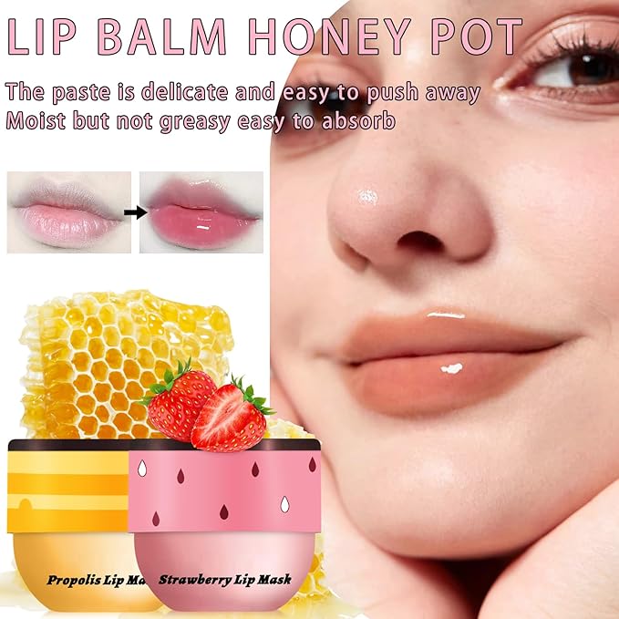 2PCS Lip Mask Overnight, Honey&Strawberry Moisturizing Repair Sleeping Lip Balm, Fade Lip Lines Bee Lip Balm, Hydrating &Prevention Dry and Crack Lip Scrubs Exfoliator (Strawberry & Strawberry)-FemmiqueWomen