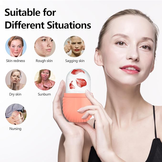 2pcs Ice Roller for Face and Eye, Silicone Ice Facial Roller Ice Holder, Face Ice Mold Skin Care, Face Icers Reusable Ice Cube Roller for Shrink Pores Anti Wrinkle Reduce Puffiness, Pink Green-FemmiqueWomen