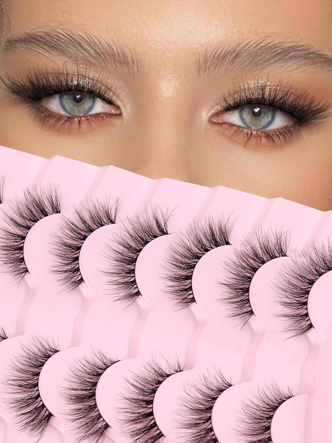 Natural Cat Eye Lashes Wispy Eyelashes 14mm Lightweight False Eyelashes 3D Volume Natural Strip Lashes 0.1mm Thin Cotton Band Lashes Pack C Curl Soft Lashes 7 Pairs Siligli-FemmiqueWomen