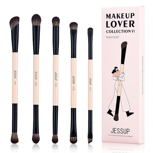 Jessup Makeup Brushes 5pcs Double Ended Eyeshadow Brush Contour Blending Eyeliner Eye Shader Brush, Vegan Fiber Precision Eye Brush Set Peach Dust T509-FemmiqueWomen
