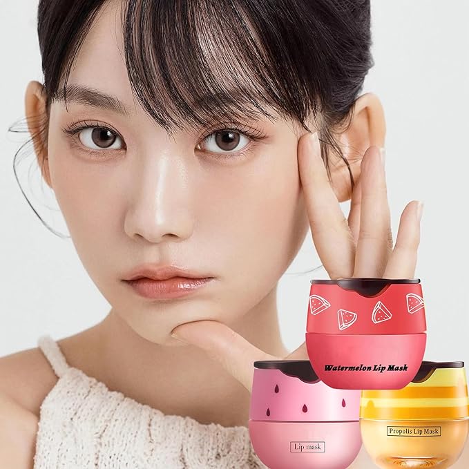 3 PCS Bee Lip Balm Lip Mask Honey Pot, Honey & Strawberry & Watermelon Lip Mask Propolis Moisturizing Lip Balm with Stick, Sleeping Lip Mask Hydrating Prevention Dry & Cracked Lip Scrubs (SET A)-FemmiqueWomen
