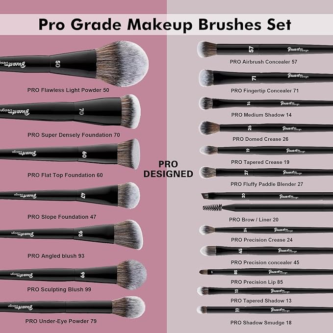Bueart Design 19Pcs Professional Grade Labeled Makeup Brushes Set, Large Foundation Powder Contour Concealer eyeshadow Blush EyeLiner Make up Brushes,Premium Synthetic hair,Vegan Cruelty-free-FemmiqueWomen