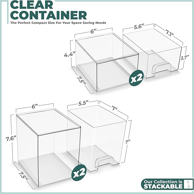 Sorbus Acrylic Storage Containers - 4 Pack, Stackable Storage Bins Set for Bathroom Organization - Clear Acrylic Drawer Organizers - Makeup Case Pull-Out Drawers (7.6’’ and 4.4’’ Tall)-FemmiqueWomen