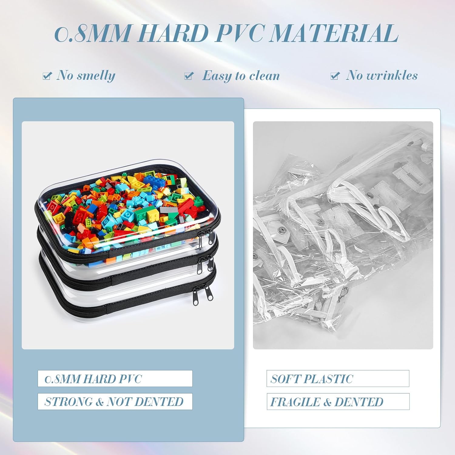 Hoolerry 3 Pcs Clear Hard Zipper Case Plastic Pouch Transparent Hard Case Clear Makeup Bag Portable Travel Organizer Bin for Cosmetics, Building Blocks, Puzzles(Black,M)-FemmiqueWomen