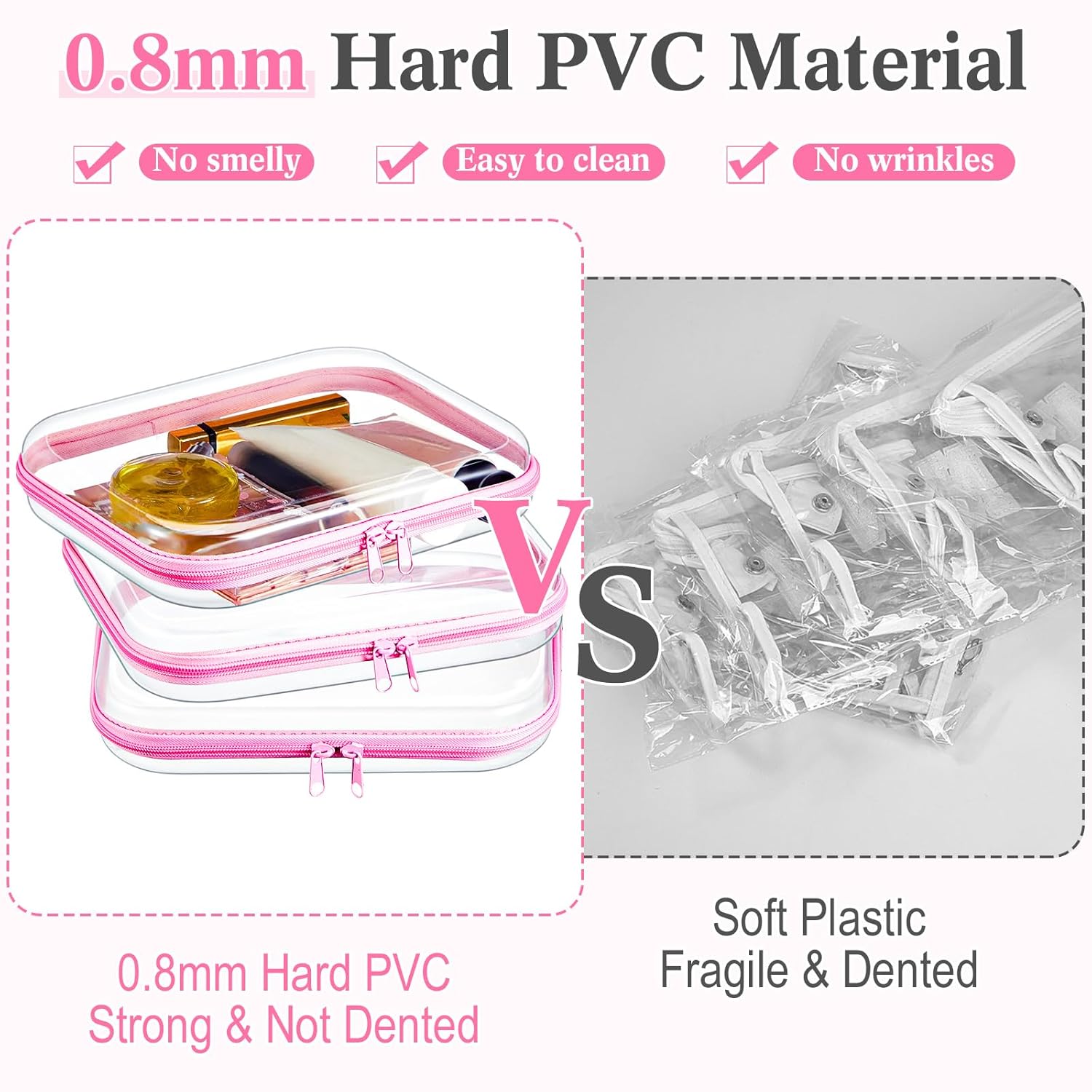 Hoolerry 3 Pcs Clear Hard Zipper Case Plastic Pouch Transparent Hard Case Clear Makeup Bag Portable Travel Organizer Bin for Cosmetics, Building Blocks, Puzzles(Pink,M)-FemmiqueWomen