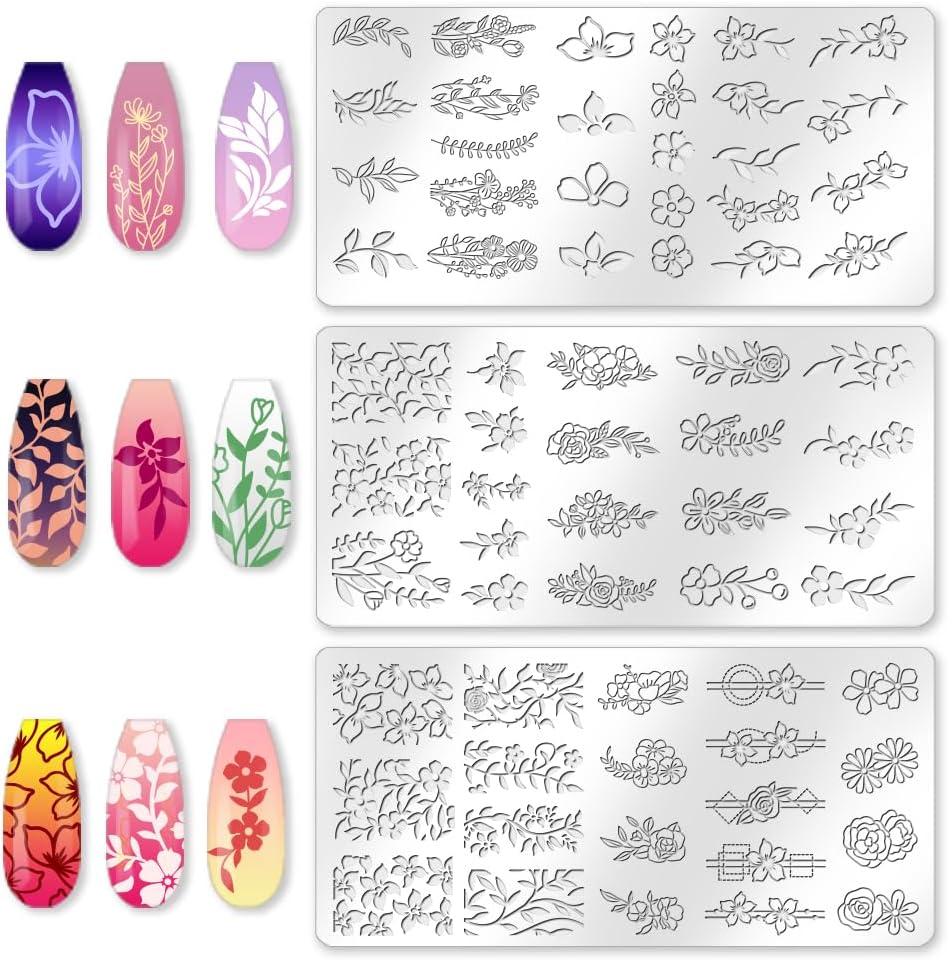 3Pcs Flower Vine Nail Stamping Plate Set Floral Leaves Rose Daisy Nail Stamp Templates Metal Reusable Tools with Stamper Scraper for Manicure Printing-FemmiqueWomen