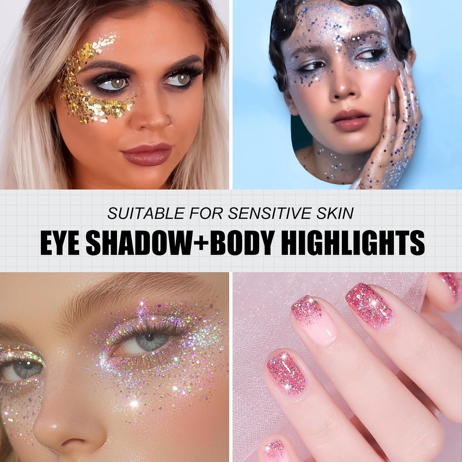 16 Colors Chunky Fine Mixed Holographic Glitter Gel Set for Face and Body Makeup Festival Party Sparkle Glitter Gel Decoration Rave Accessories-FemmiqueWomen