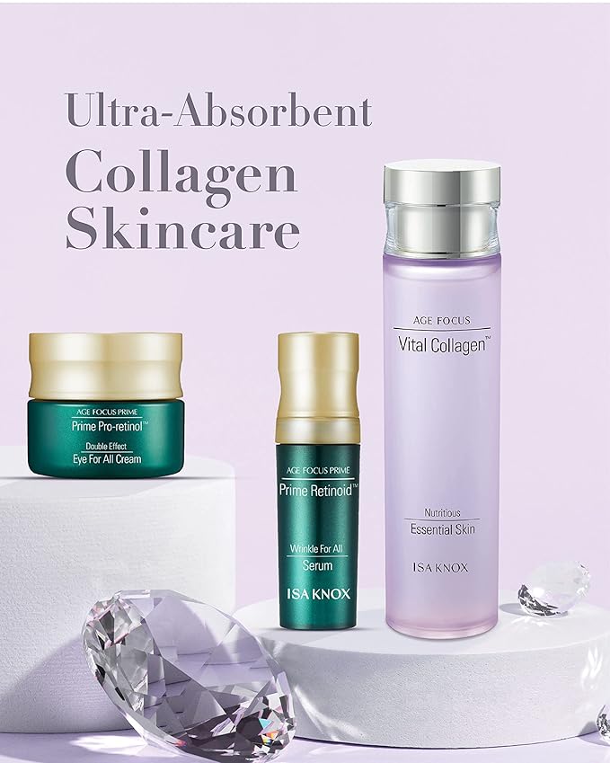 ISA KNOX AGE FOCUS VITAL COLLAGEN Emulsion, PRIME Wrinkle For All Serum & PRIME Eye For All Cream (177 ml/5.99 fl oz) - Korean Skin Care by LG Beauty. Vitamins C, B12 & E.-FemmiqueWomen