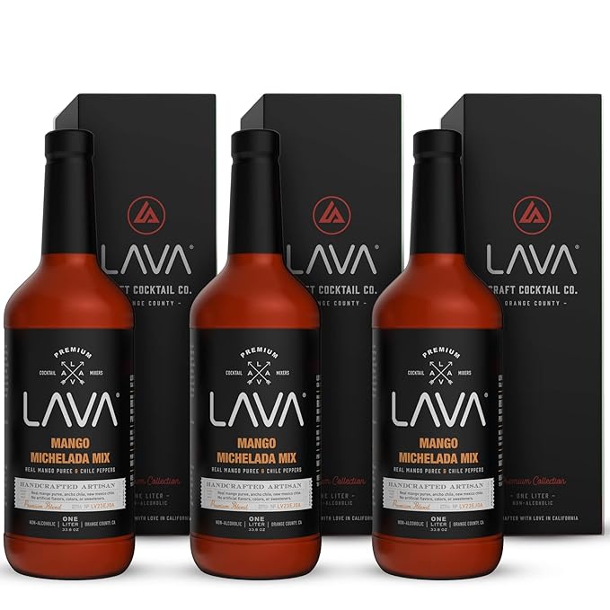 (3-Pack) LAVA Premium Mango Michelada Mix Made With Real Mango Puree, Ancho Chile Peppers, New Mexico Chile, Tamarind, Vegan, 1-Liter (33.8oz) Glass Bottle, Ready to Use-FemmiqueWomen