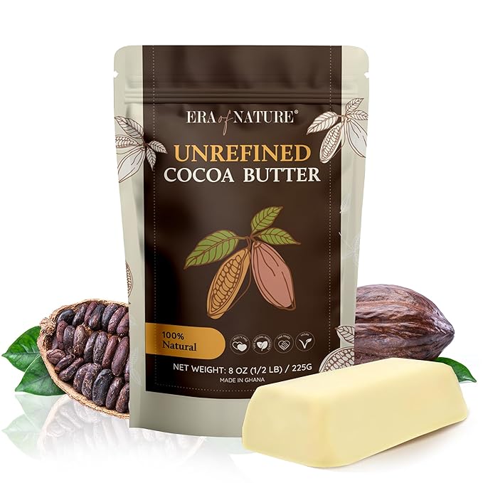 Era of Nature Cocoa Butter Raw – 100% Pure & Unrefined, Cold-Pressed Cacao – For DIY Skincare & Haircare – Deep Hydration for Skin, Hair, Lips – Stretch Mark & Scar Care – Natural Chocolate Scent, 8oz-FemmiqueWomen