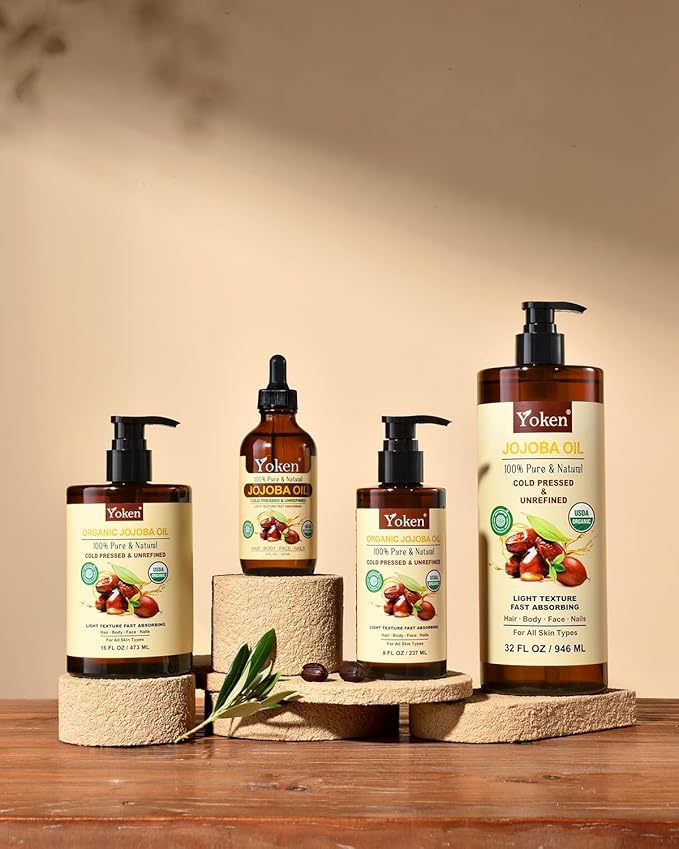 Yoken USDA Organic Jojoba Oil Cold Pressed 8 fl oz, 100% Pure & Natural Unrefined Jojoba Oil for Face Hair & Skin Massage, Hexane Free, Deeply Moisturizing Body Carrier oils Multi-Purpose Serum-FemmiqueWomen