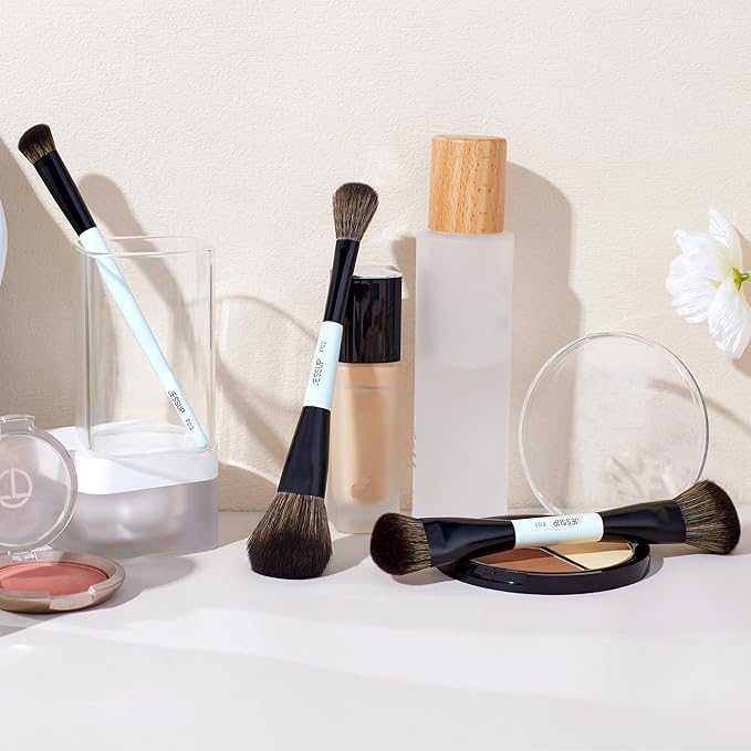 Jessup Face Makeup Brushes Blue 3pcs Double Ended Makeup Brush for Foundation Contour Blush Highlight and Concealer Brush, Premium Synthetic Brush Set T503-FemmiqueWomen