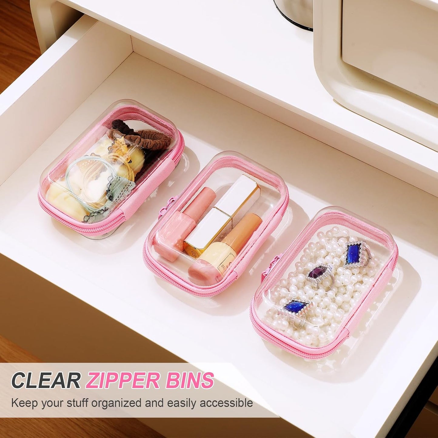 Hoolerry 3 Pcs Clear Hard Zipper Case Plastic Pouch Transparent Hard Case Clear Makeup Bag Portable Travel Organizer Bin for Cosmetics, Building Blocks, Puzzles(Pink,Xs)-FemmiqueWomen