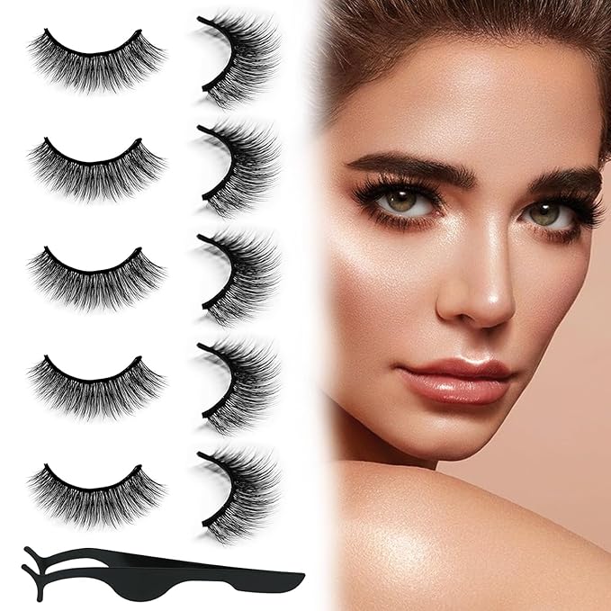 Self Adhesive Eyelashes Natural Look False Eyelashes Reusable Self Stick Lashes, No Glue Needed, 5 Pairs Mixed-FemmiqueWomen