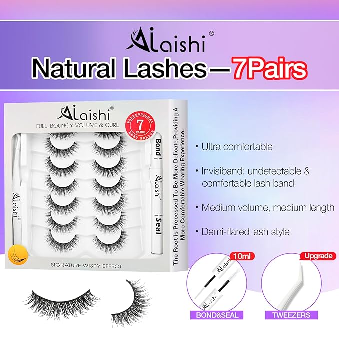 Wispy False Eyelashes Kit With Bond, Seal and Tweezer, 7 Pairs Natural Look Fake Cat Eye Lashes Strips Thin Band Extensions Waterproof Easy Eyelashes for Beginners RQ01-FemmiqueWomen