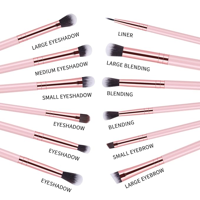 MSQ Eye Makeup Brushes Set with Soft Synthetic Hairs & Real Wood Handle for Eyeshadow, Eyebrow, Eyeliner, Blending (Pink), 12pcs-FemmiqueWomen