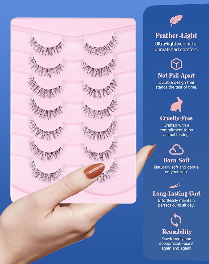 Short Lashes Natural Look Everyday Wispy False Eyelashes Clear Band Strip Eyelash Soft Lashes Fluffy Pack 7 Pairs SF-01-FemmiqueWomen