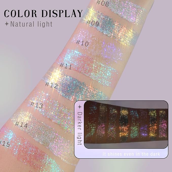 2 Colors Roll-on Body Glitter Gel, Holographic Glitter Gel Under Light for Face Hair, Body Shimmer for Rave Accessories Christmas New Year Halloween Makeup (9+10)-FemmiqueWomen