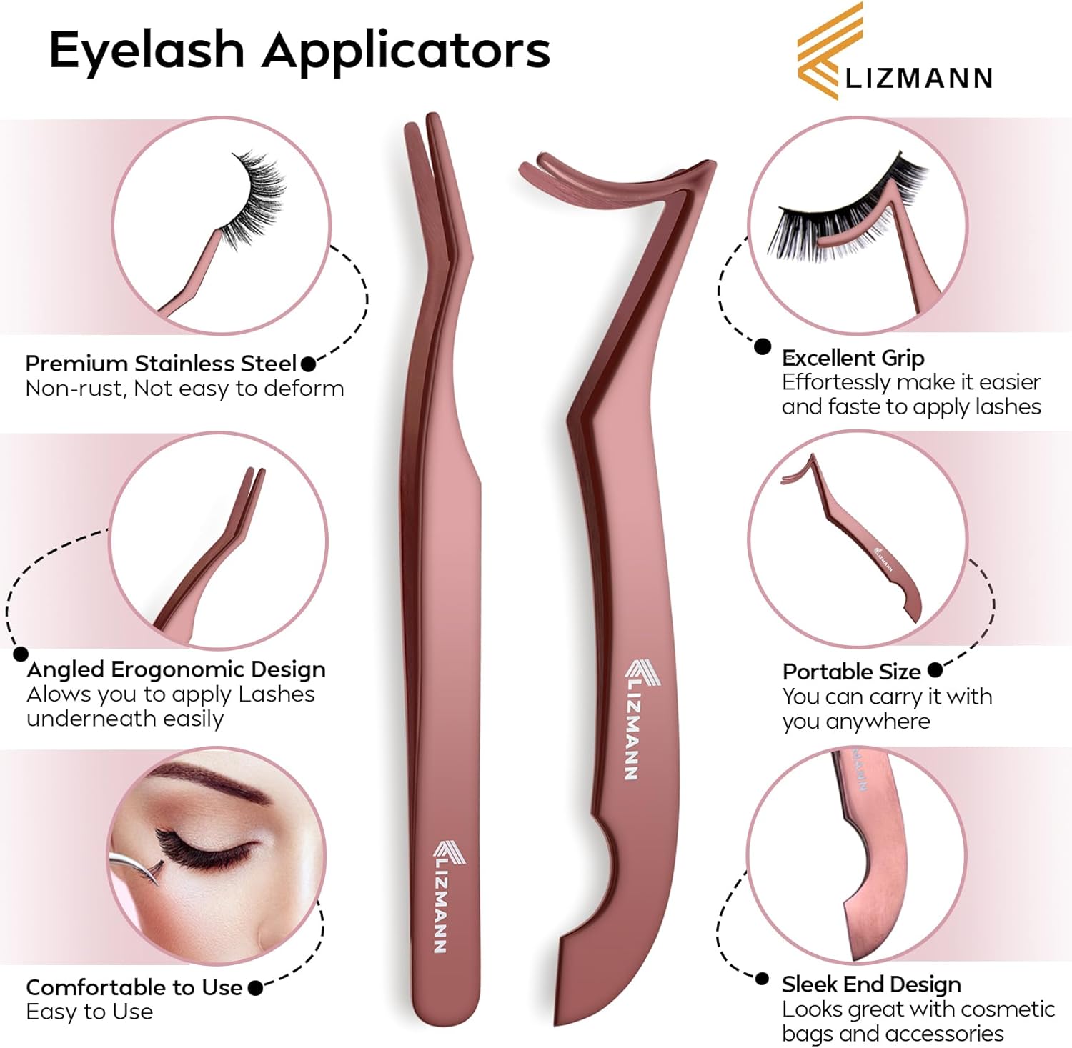 LIZMANN Eyelash Applicator Tweezers 2 PCS Tool for False Eyelash Application & Lash Extensions, Mistake-Proof Lash Placement Tweezers for Professional and DIY Use-FemmiqueWomen