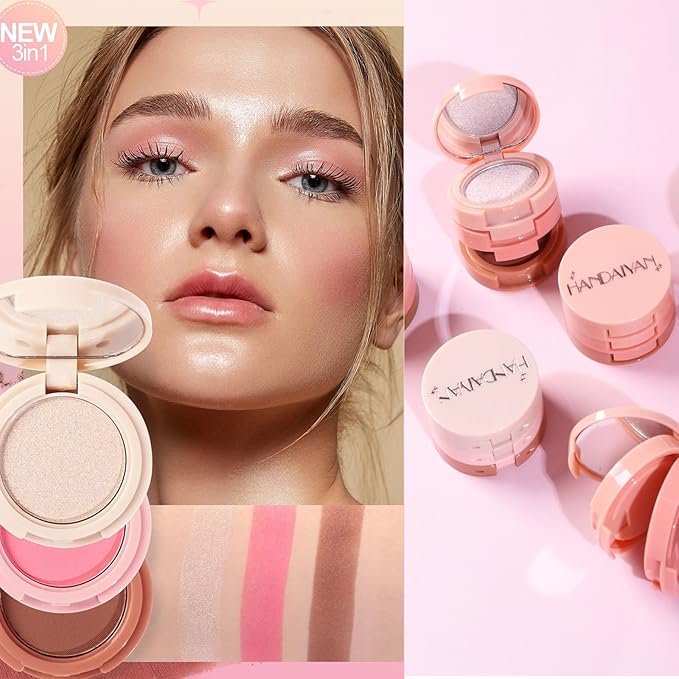 3-in-1 Blendable Trio, Contour and Highlight Blush Makeup Palette, Cream Bronzer, Silky Smooth Powder Blush, Shimmer Highlighter Makeup Powder, Pink Brown Eyeshadow Palette with Mirror(01)-FemmiqueWomen