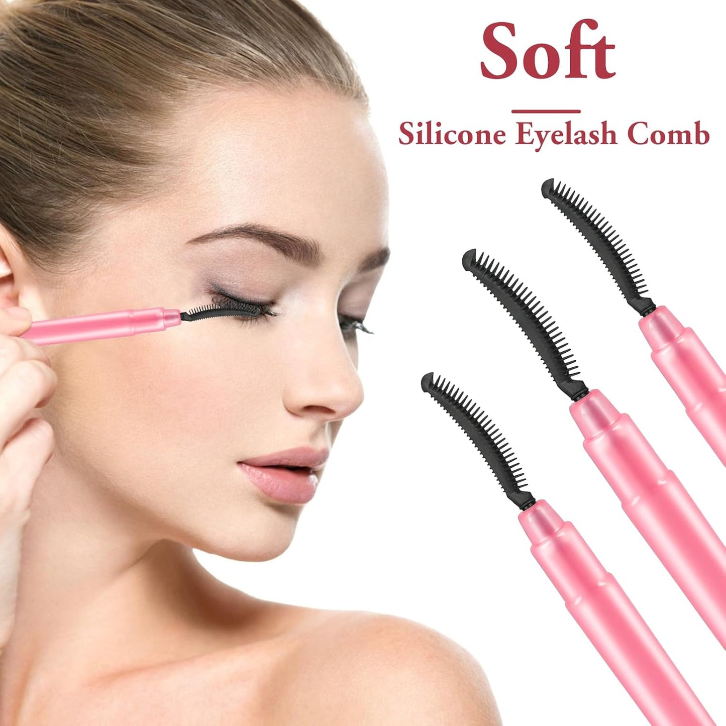 3 Pcs Silicone Lash Definer with Dust Lid Eyelash Comb Mascara Separator Brow Grooming Brush (Pink)-FemmiqueWomen