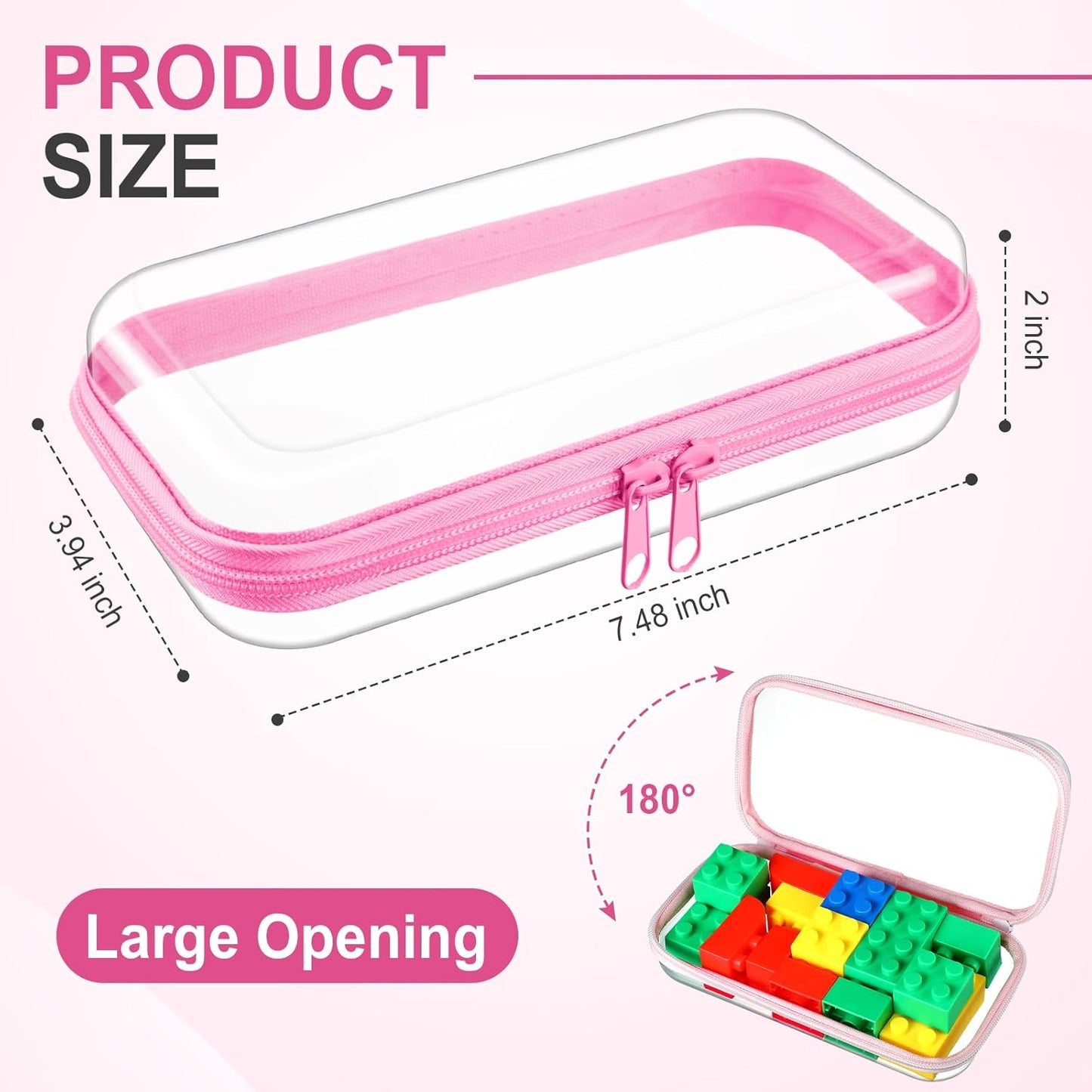 Hoolerry 4 Pcs Hard Clear Zipper Case Makeup Bags Plastic Pencil Pouch Transparent Storage Box Containers for Cosmetics, Snacks, Building Blocks, Puzzles(Pink,7.5 x 3.9 x 2 in)-FemmiqueWomen