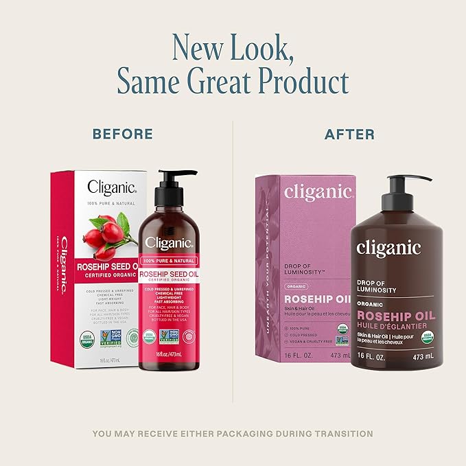 Cliganic Organic Rosehip Seed Oil 16oz with Pump for Face, Hair & Body, 100% Pure (Packaging May Vary)-FemmiqueWomen