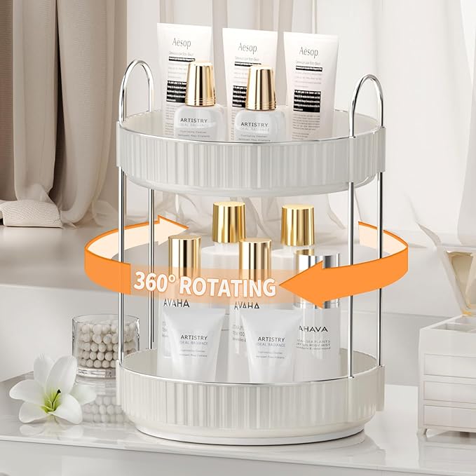 Rotating Makeup Organizer for Vanity, 2 Tier High-Capacity Skincare & Makeup Storage, Perfume Organizer, Cosmetic Dresser, Countertop 360 Spinning-FemmiqueWomen
