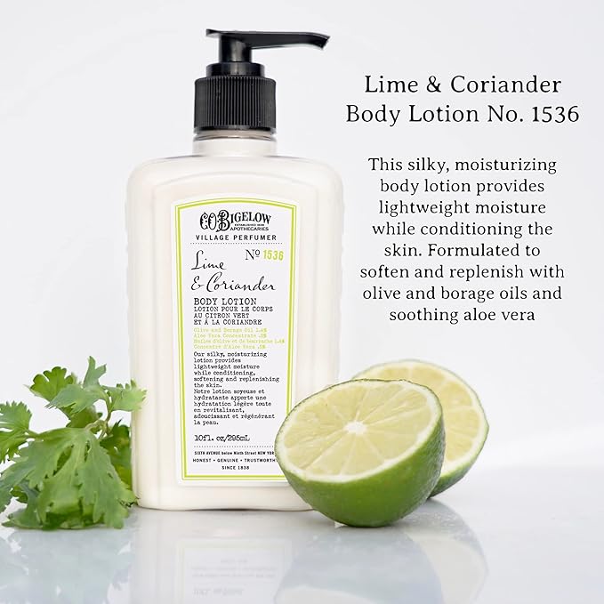 C.O. Bigelow Lime Coriander Body Lotion, Village Perfumer Moisturizing Body Lotion with Aloe Vera, Borage Oil & Olive Oil, 10 Fl Oz-FemmiqueWomen