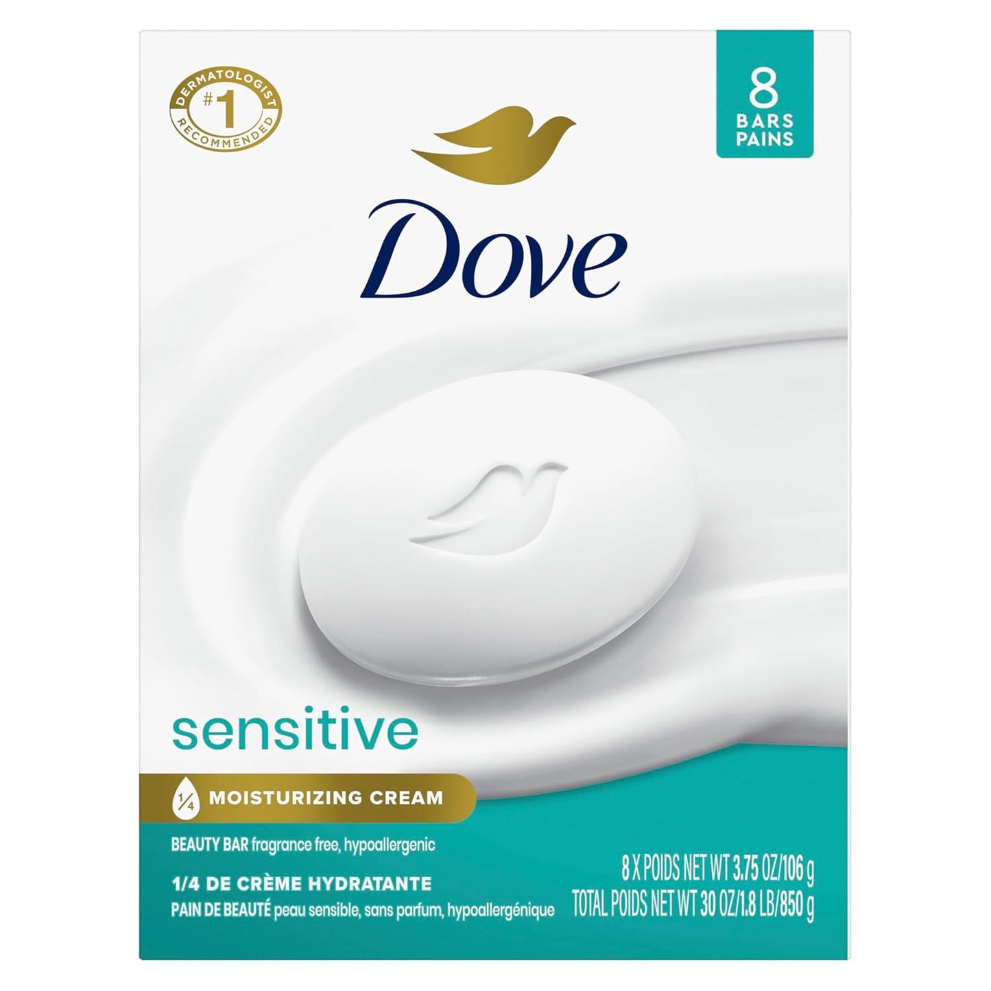 Dove Beauty Bar Soap Sensitive, 8 Bars for Sensitive Skin, Fragrance Free and Hypoallergenic 3.75 oz-FemmiqueWomen