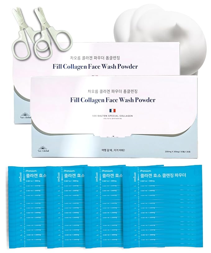 UNIZAAR Fill Collagen Enzyme Powder Face Wash Set of 2 – (0.007 oz * 60EA) Luxurious French Collagen & Urea Infused Korean Cleanser, Travel Face Wash, Travel Size Face Wash for Women, Korean Skin Care-FemmiqueWomen