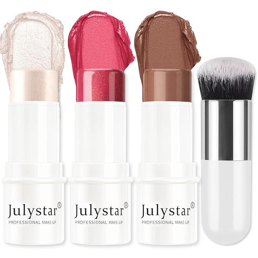 3Pcs Cream Contour Stick Makeup Set, Cream Bronzer Blush Highlighter Stick for Cheeks Eyes Lips, Long Lasting Waterproof Blendable Dewy Finish Face Stick Trio Wand for All Skin (1+3+6)-FemmiqueWomen
