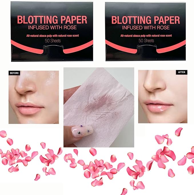 2 Pks ROSE INFUSED Natural Abaca Blotting Paper - 100 Oil Blotting Sheets - Makeup Friendly UNISEX All Skin Types Oily Skin Shine Blotter Photography Zoom Meetings Travel Gym School - MADE IN TAIWAN-FemmiqueWomen