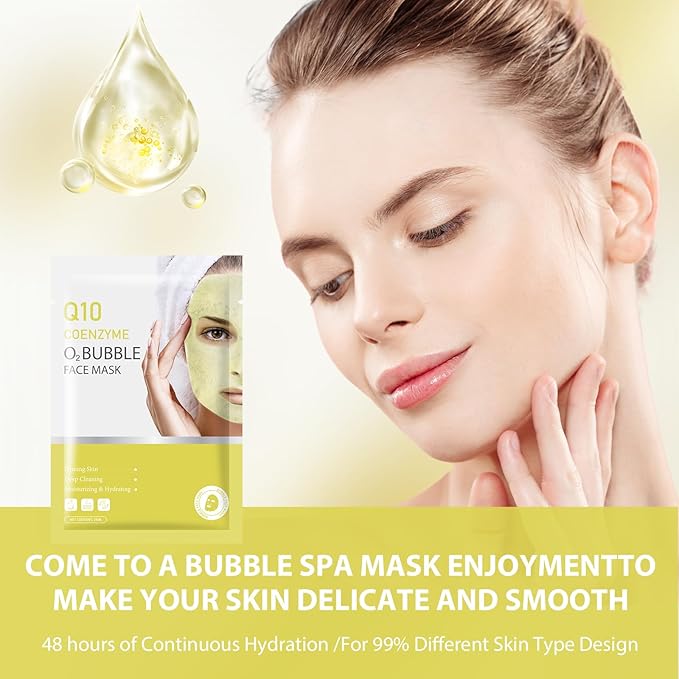 10 Sheets Coenzyme Q10 O2 Bubble Masks for Face, Bubble Face Mask Skincare for All Skin Types, Deep Cleansing Moisturizing Facial Mask Skin Care for Pores, Firming, Purifying, Sheet Masks for Spa-FemmiqueWomen
