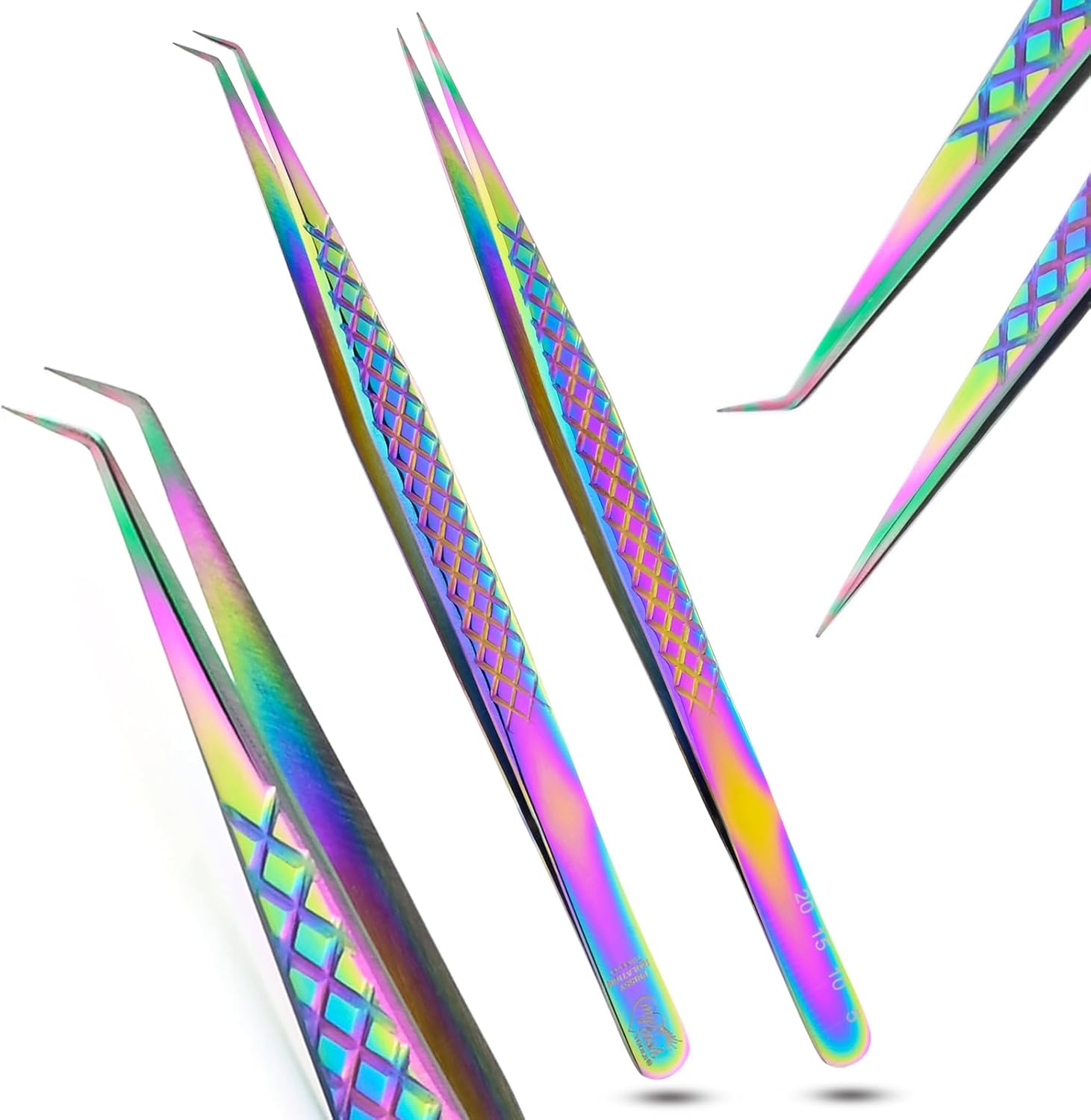 2pcs Curved & Straight Isolation Tweezers for Eyelash Extensions – 14cm Japanese Stainless Steel, Diamond Grip Non Slip Grip, Rainbow Set, Best for Classic & Individual Lashes-FemmiqueWomen