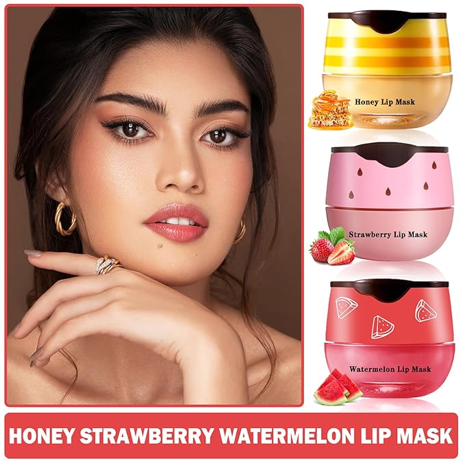 3PCS Bee Lip Balm Honey Pot Honey Strawberry Watermelon Lip Balm Sleeping Lip Mask Silky Hydrating Bee Lip Balm Honey Lip Mask Overnight Lip Care Products(Honey+Strawberry+Watermelon)-FemmiqueWomen
