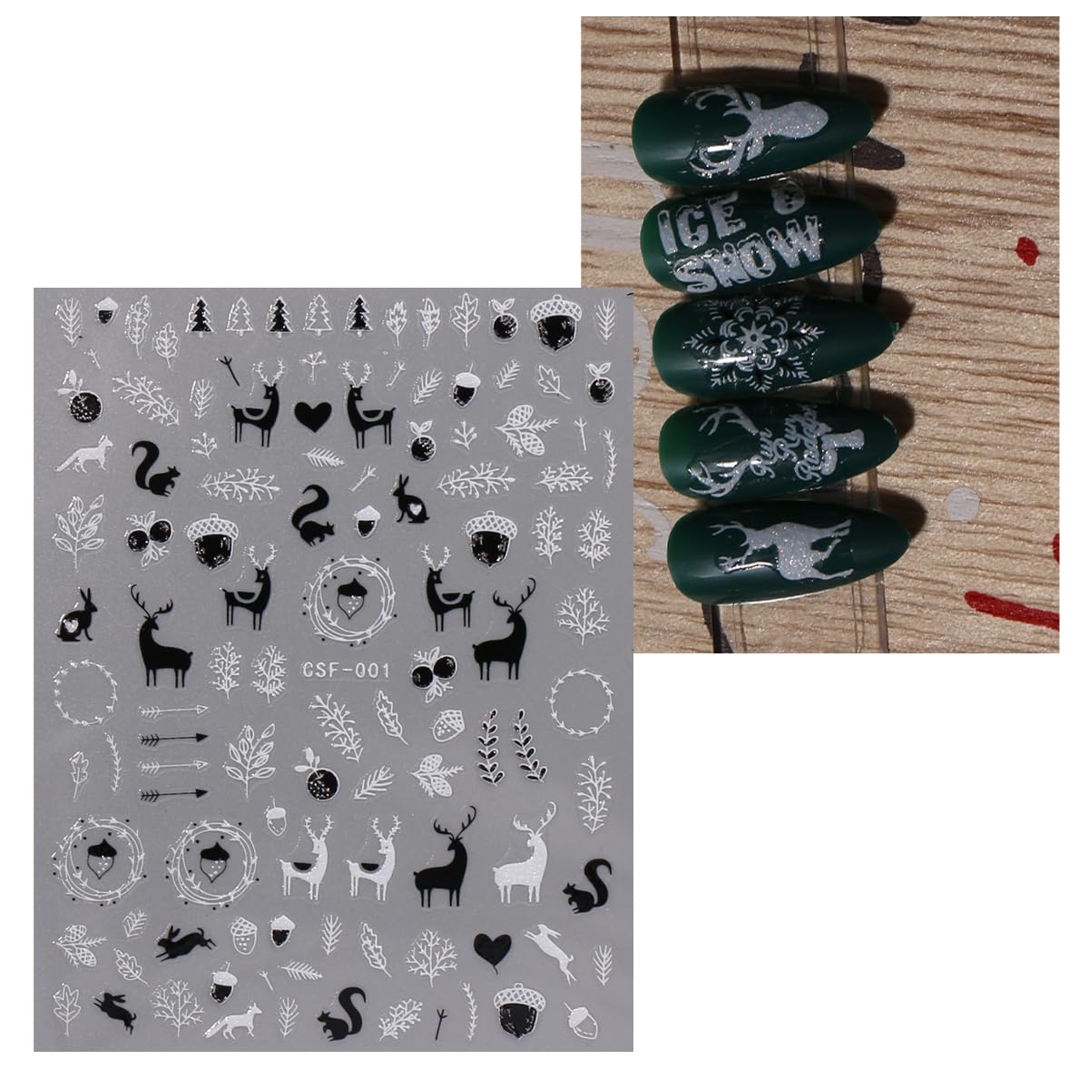 JMEOWIO 9 Sheets Christmas Glitter Nail Art Stickers Decals Self-Adhesive White Black Nail Supplies Nail Art Design Decoration Accessories-FemmiqueWomen