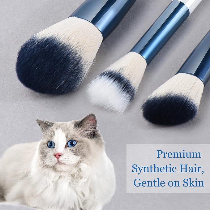 Makeup Brushes Set With Case 10Pcs White Makeup Brush Kit Foundation Eyeshadow Powder Blending Kabuki Eyebrow Eyelash Brushes Cosmetic Brush Travel Kit Gift (White+Blue)-FemmiqueWomen