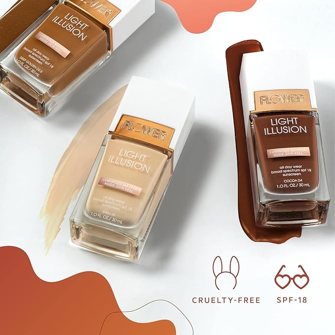 Flower Beauty Light Illusion Foundation with SPF 18 - Liquid Foundation Makeup with Buildable Coverage & Breathable/Lightweight Formula - Natural Complexion (Natural Beige)