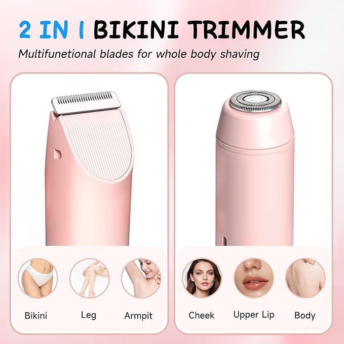 2 in 1 Bikini Trimmer for Women, Smooth and Painless Electric Razors for Women, IPX7 Waterproof Women's Electric Shaver, Rechargeable Bikini Underarm Legs Arm Body Face Trimmer Womens Shaver (Pink)-FemmiqueWomen