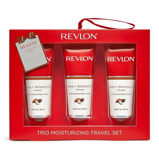 REVLON Get Carried Away Trio Moisturizing Travel Set, Shea Butter and Almond Oil Infused, Moisturizing Body Wash, Body Lotion, Exfoliating Body Scrub, 3 Count (2.88 fl oz)-FemmiqueWomen