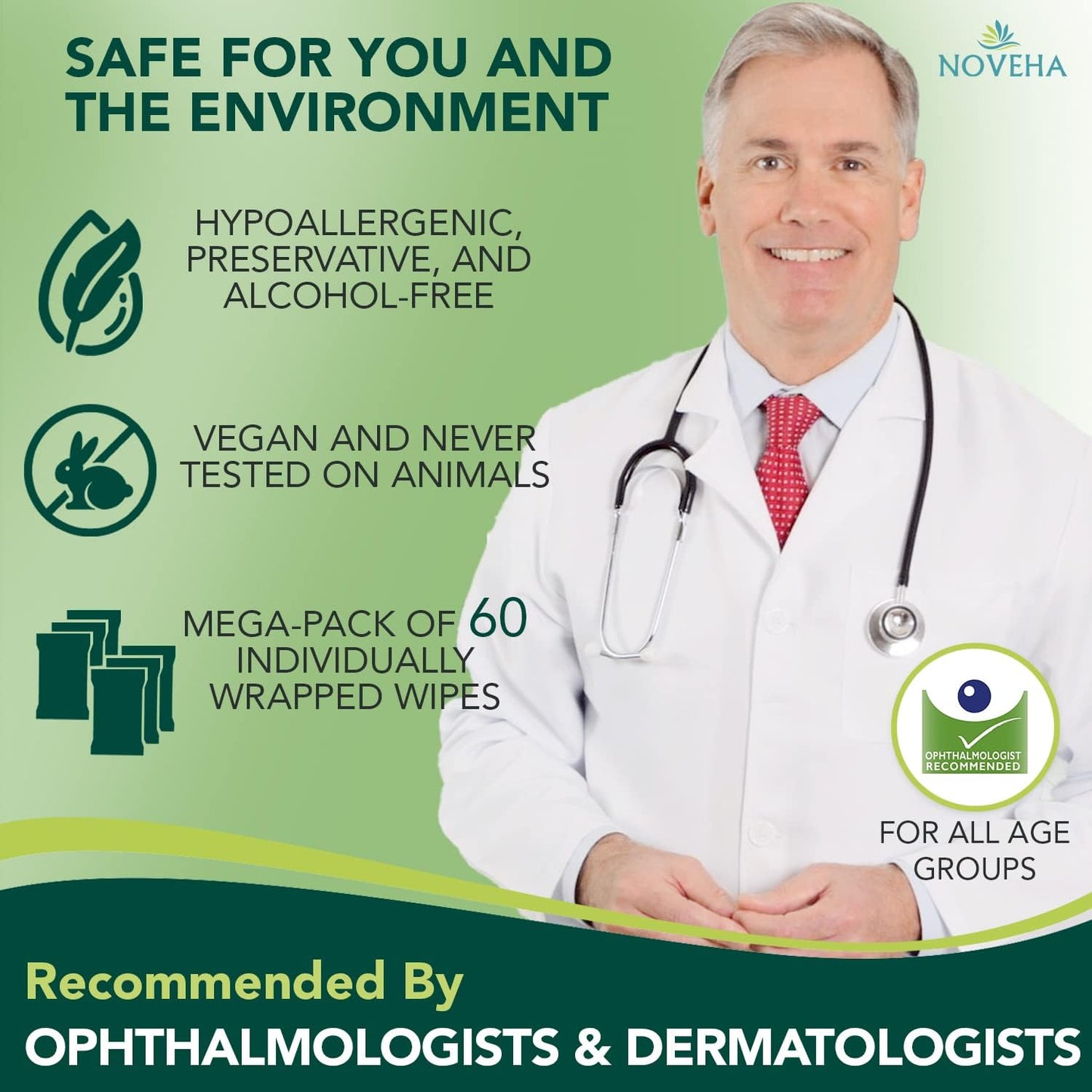 NOVEHA Demodex Eyelid & Lash Wipes | Box of 60 Individually Wrapped Extra Strength Cleansing Eyelash Wipes - Battles Irritated Eyes - Naturally Remove Debris (Pack of 3)-FemmiqueWomen