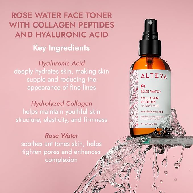 Alteya Organics Rose Water Face Toner – With Collagen Peptides & Hyaluronic Acid – Hydrating Facial Mist for Anti-Aging, Firming & Radiant Skin – 4 Fl Oz / 120mL-FemmiqueWomen