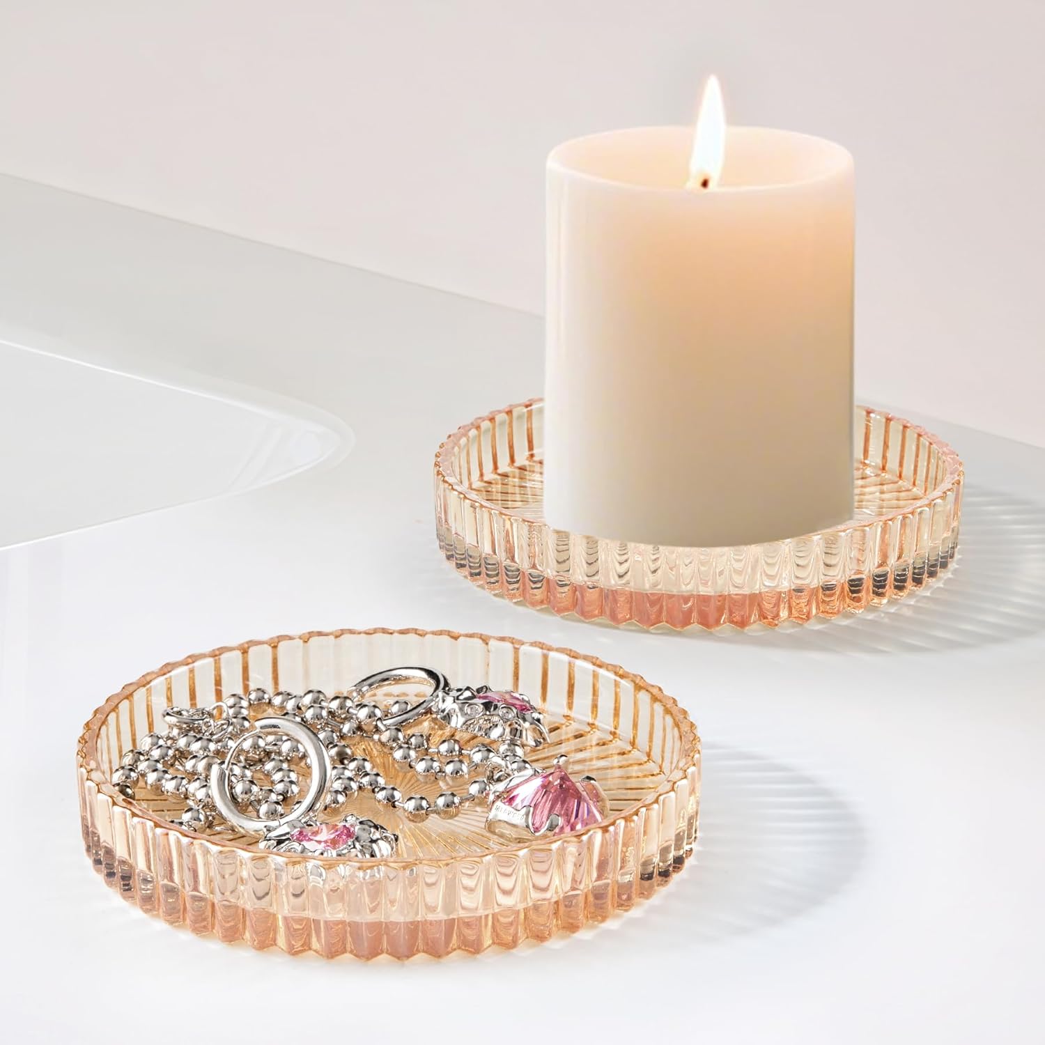 2 Pack Glass Qtip Holder Dispenser Set - Bathroom Organizer for Cotton Swabs, Balls, Pads, Floss Picks - Clear Apothecary Jars for Vanity, Makeup Storage, Bathroom Accessories Decor (Amber)-FemmiqueWomen