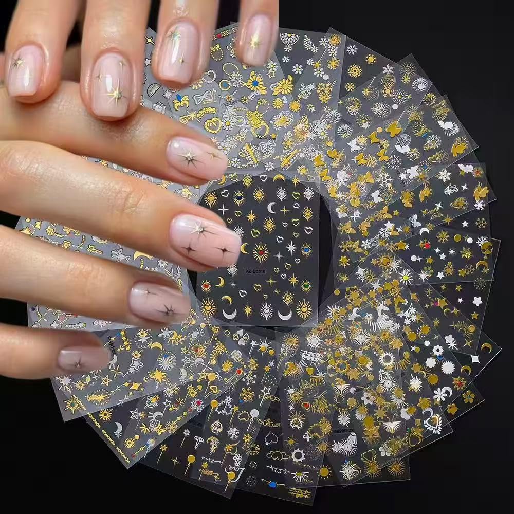 20 Sheets Gold Nail Stickers Star Moon Nail Art Stickers 3D Embossed Self Adhesive Nail Decals Flower Butterfly Heart Nails Design Nail Art Decals for Women Manicure DIY Decoration-FemmiqueWomen