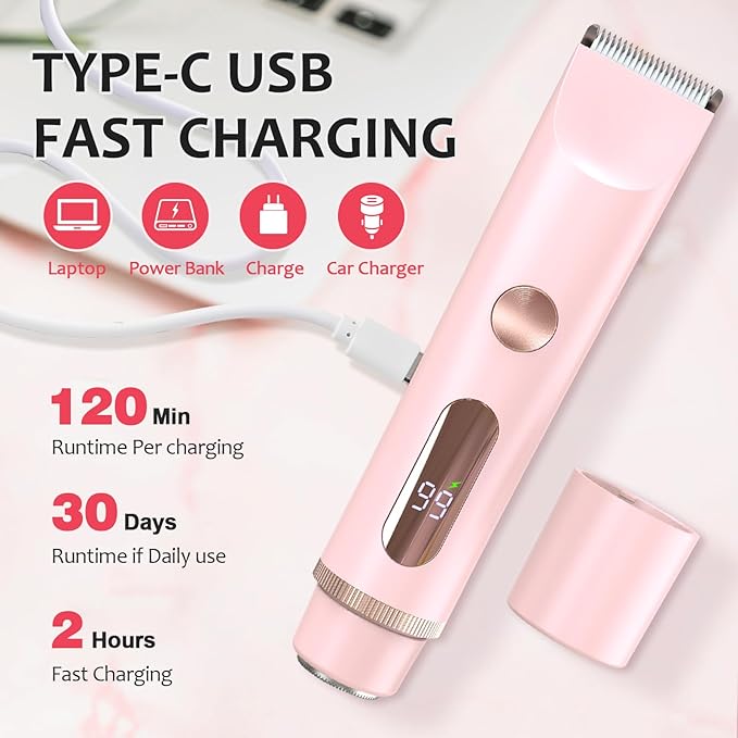 2025 Upgraded Bikini Trimmer for Women - 2 in 1 Dermave Bikini Shaver with LED Display, Dual Head Cordless Electric Shaver, IPX7 Waterproof Wet/Dry Body Hair Trimmer for Face, Body & Intimate Areas-FemmiqueWomen