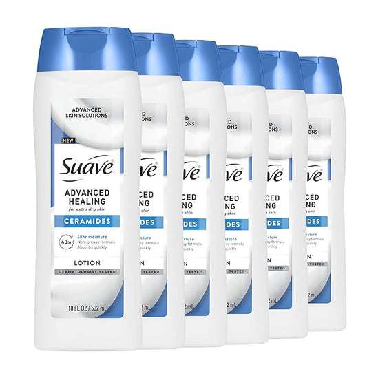 Suave+ Advanced Healing Hand & Body Lotion for Women With Ceramides for Very Dry Skin, Hydrating, Non-Greasy, Allergen-Free Moisturizing Cream, Lightly Scented, 18 FL OZ, 6 Pack-FemmiqueWomen