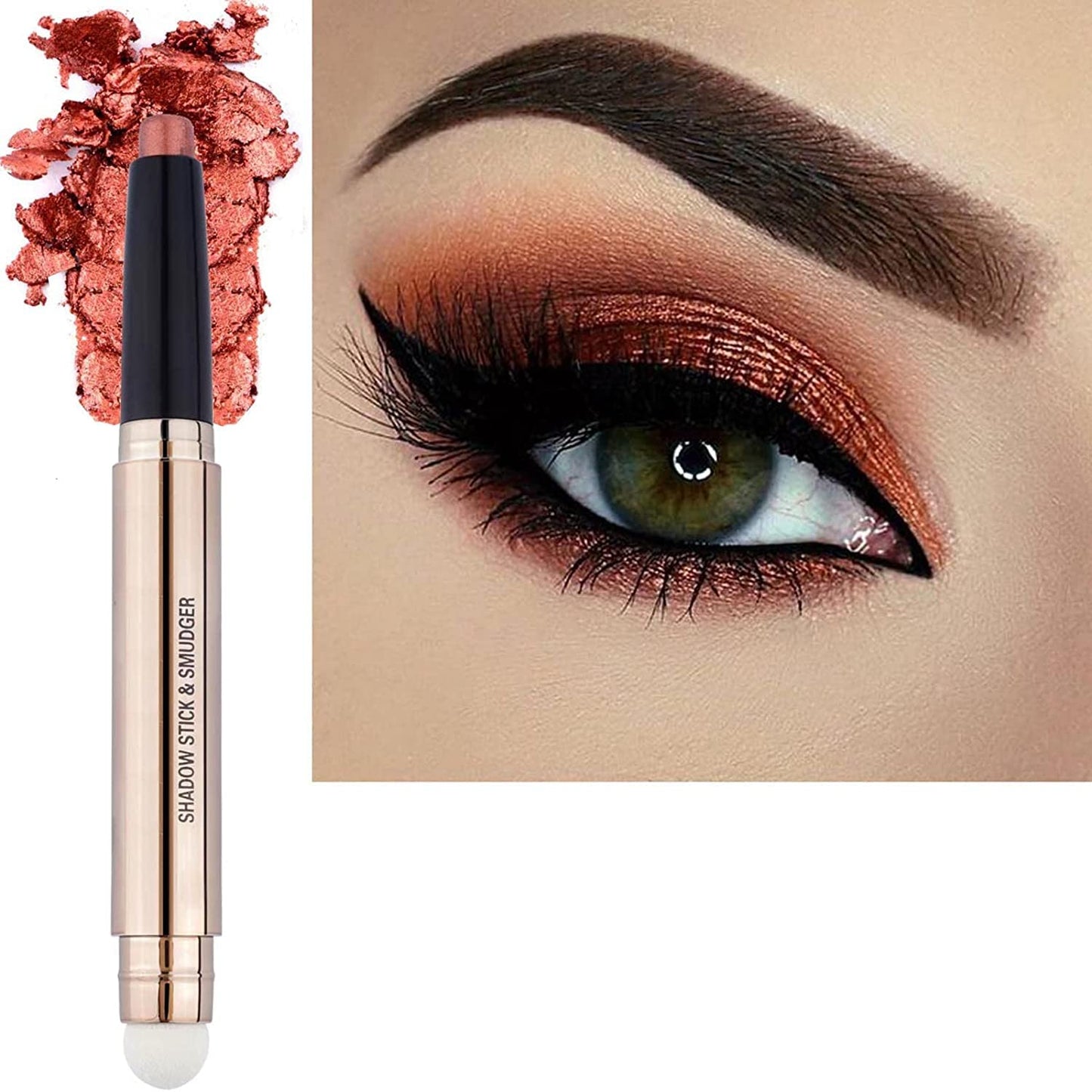 2 in 1 Orange Copper Eyeshadow Pencil, Cream Smooth Shimmer Eyeshadow Stick Crayon, Hypoallergenic Multi-Dimensional Waterproof Long Lasting Eye Shadow Highlighter Stick Eye Liner(Copper Shimmer #05)-FemmiqueWomen
