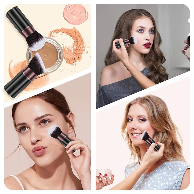 Retractable Makeup Brush, Travel Kabuki Powder Makeup Brush 2 Pack, Foundation Face Blush Brushes for Blending Liquid, Blush, Bronzer, Buffing, Sunscreen,Flawless Cosmetics-FemmiqueWomen